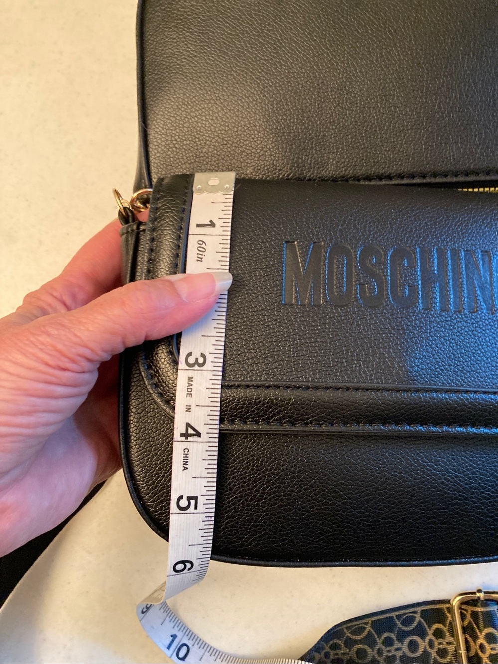 Designer Inspired 2-1 Black Crossbody with Gold Chain and Patterned Strap - Picture 6 of 8